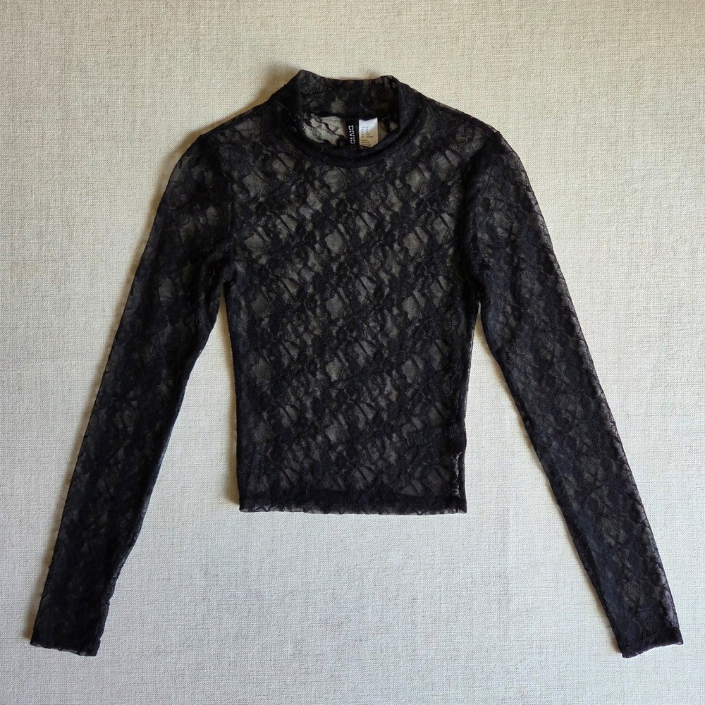 H&M Sheer Black Floral Lace Top Womens XS Whimsigoth Festival Vamp Goth Witchy